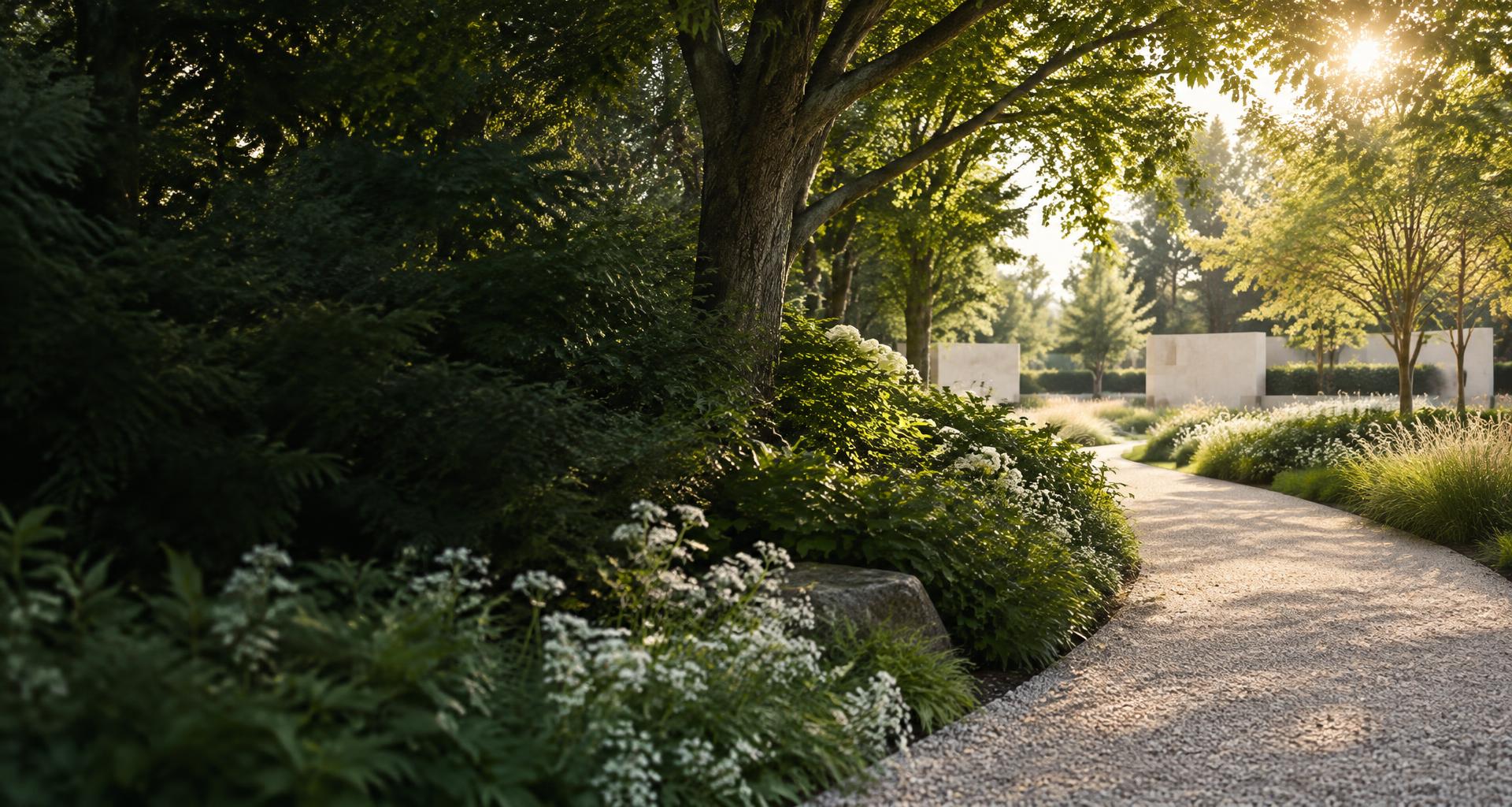 A sunlit path through a peaceful memorial garden